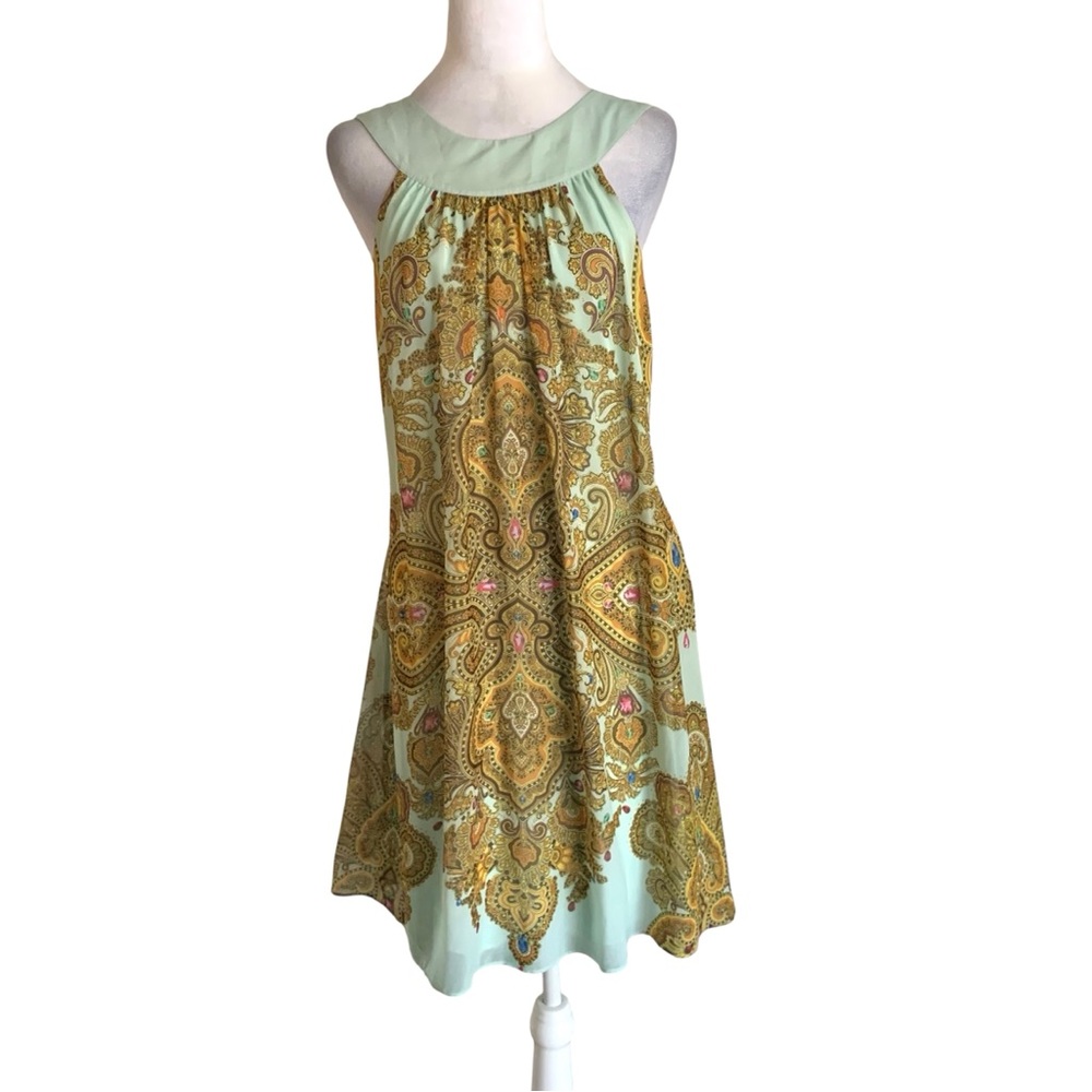 Ted Baker Mint & Gold Size 2/US 6 Paisley Jewel Print Sleeveless Mini Dress